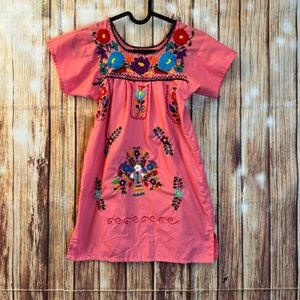 Girls Mexican Traditional Short Sleeve Embroidered Floral Dress Size Small